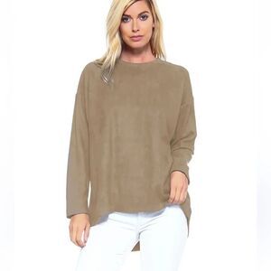 Joh ADI Oversized Crew Neck Khaki Top Size Large Faux Suede Boutique